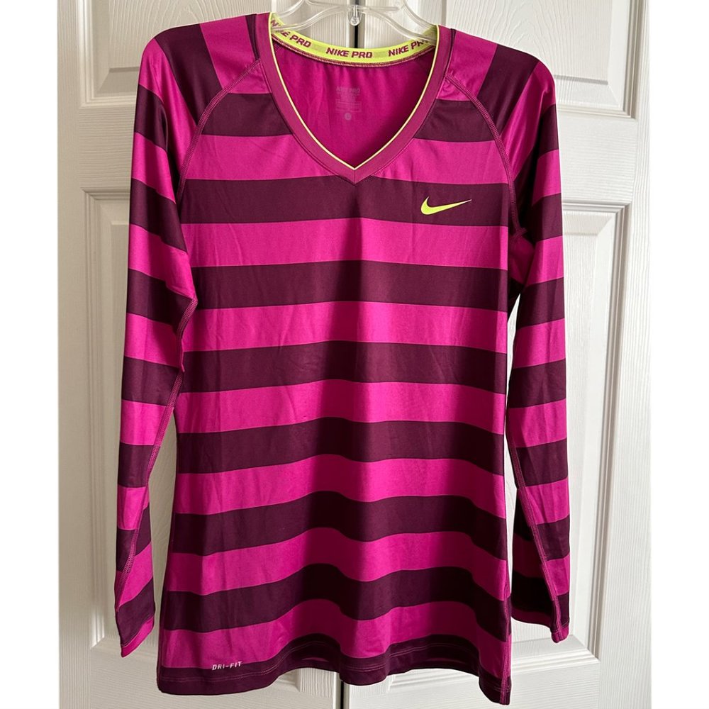 Nike Pro Longsleeve Dri-Fit Shirt, Rugby Pink & Burgundy Stripe, Size L
